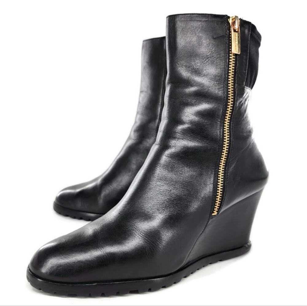 Michael Kors Aileen Black Leather Dual Gold Zip Wedge Heel Lug-Sole Ankle Boots